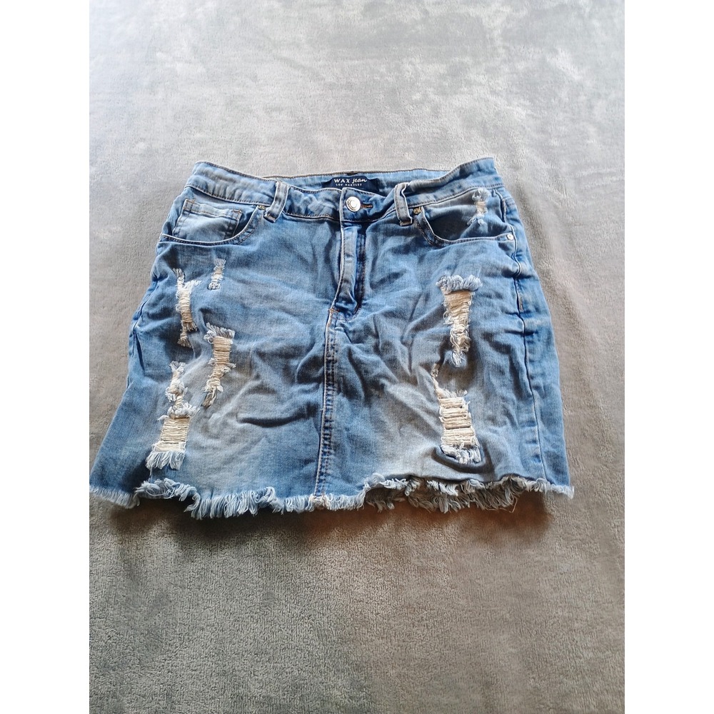 Wax Jean Womens Denim Mini Skirt Light Wash Blue Size M Distressed Frayed Hem